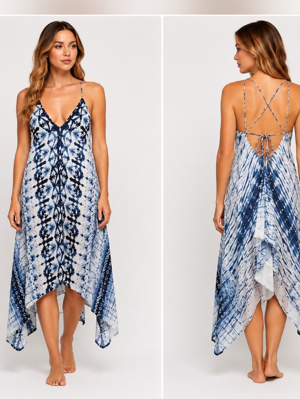 WET Greek Tile Tie-Dye Resort Cover-Up Dress Blue White NWT